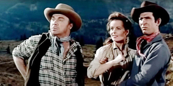 John Doucette as Loudmouth and George Keymas as Muncie, surprised when help arrives for their captive Lucy Lee (Mary Murphy) in The Maverick Queen (1956)