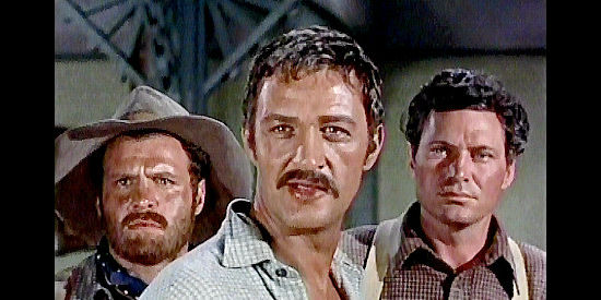 John Larch as Payte Bodeen, the man responsible for the trouble in Silver City, with two of his henchmen in Seven Men from Now (1956)