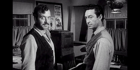 John Payne as John Willoughby and James Griffith as Marshal Adam Russell as a lynch mob gathers in Rebel in Town (1956)