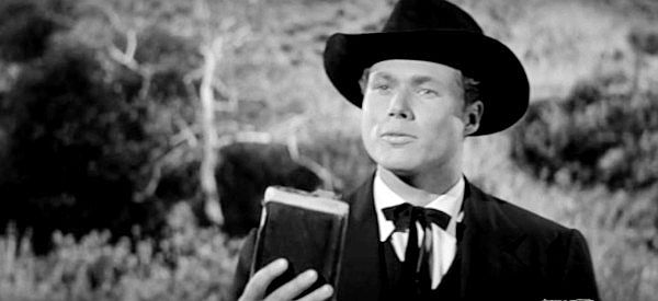 John Smith as William Wesley Van Orsdel, aka Brother Dan, hoping to bring peace and Christianity to the Sioux in The Lawless Eighties (1957)