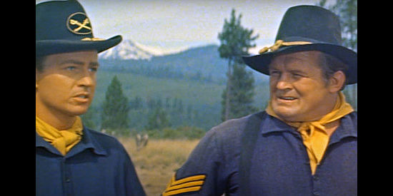 Jon Shepodd as Lt. Baird Dobson and Walter Barnes as Sgt. Erschick, hoping their strategy works in Oregon Passage (1958)