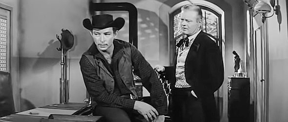 Lee Van Cleef as Doug Sadler with Tom Brown as John Reilly, conspiring to steal Carpenter's ranch in The Quiet Gun (1957)