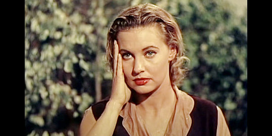 Lola Albright as Meg Alden, shocked at having been rescued by an Indian brave in Pawnee (1957)