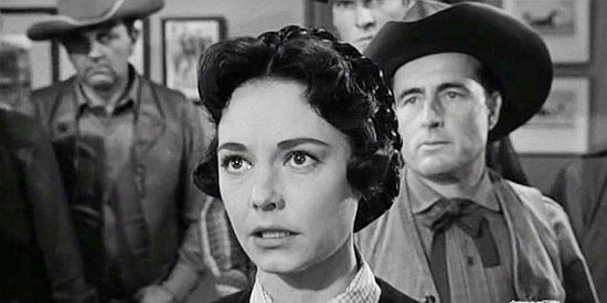 Margaret Field as Nita Riordan, accusing Jared Tatlow of murdering her father in Blackjack Ketchum, Desperado (1956)