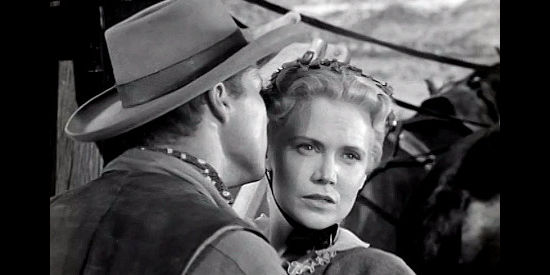 Marian Carr as Barbara Leighton, getting a look at a town after an Indian uprising in Ghost Town (1955)