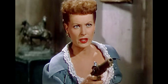 Maureen O'Hara as Katie Howard, the woman who rules the roost in the town of Crooked Tongue in Comanche Territory (1950)