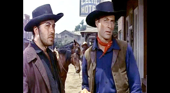 Michael Ansara as Kramer and George Montgomery as Dan Barton, wondering if they'll survive a bank robbery in Last of the Badmen (1957)