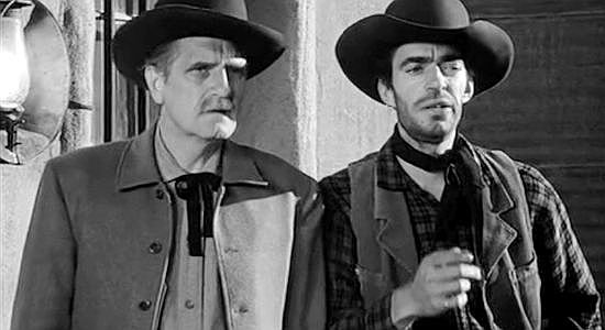 Morris Ankrum as Alexander Prince and Jack Elam as Slim, leaders of the lynch mob in The Moonlighter (1953)