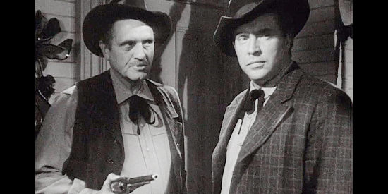 Morris Ankrum as the sheriff with Edmund O'Brien as Dunn Jeffers when a body is found in The Redhead and the Cowboy (1951)