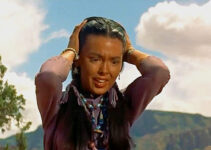 Barbara Rush as Oona, frantic as Taza and Naiche tussle in Taza, Son of Cochise (1954)