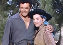 Cornel Wilde as Don Arturo Bordega and Teresa Wright as Julia Lawrence in California Conquest (1952)