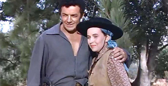 Cornel Wilde as Don Arturo Bordega and Teresa Wright as Julia Lawrence in California Conquest (1952)