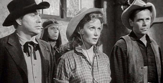 Edmund O'Brien as Dunn Jeffers, Rhonda Fleming as Candace Bronson and Glenn Ford as Gil Kyle in The Redhead and the Cowboy (1951)