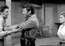 Elvis Presley as Clint Reno, Richard Egan as Vance Reno and Debra Paget as Cathy Reno in Love Me Tender (1956)