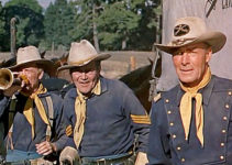 Frank Faylen as Sgt. Kruger, Jay C. Flippen as Sgt. Bates and Randolph Scott as Capt. Tom Benson in Seventh Cavalry (1956)