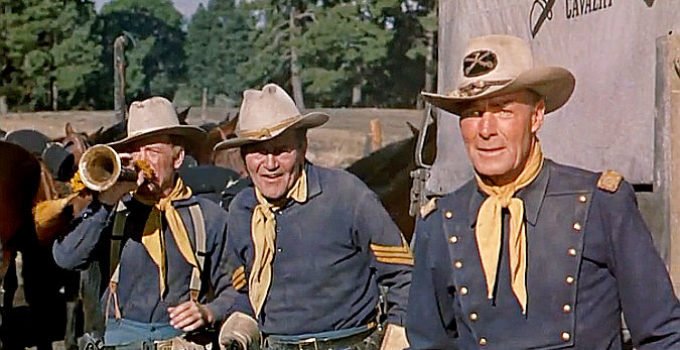 Frank Faylen as Sgt. Kruger, Jay C. Flippen as Sgt. Bates and Randolph Scott as Capt. Tom Benson in Seventh Cavalry (1956)