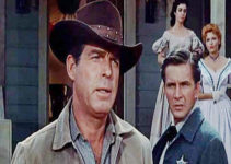 Fred MacMurray as Jim Larsen, aka Ray Kincaid, and Lin McCarthy as Sheriff Mark Riley in Face of a Fugitive (1959)