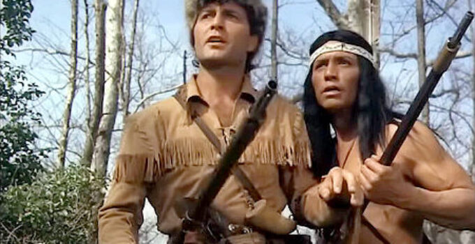 George Montgomery as Pathfinder and Jay SIlverheels as Chingachgook, sensing trouble ahead in The Pathfinder (1952)