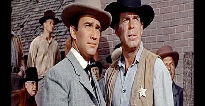 James Drury as Dr. Paul Ridgely and Fred MacMurray as Marshal Ben Cutler in Good Day for a Hanging (1959)