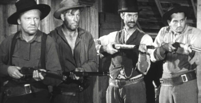 James Griffith as Pa Clellan and part of his gang terrorizing stage passengers in Seven Guns to Mesa (1958)