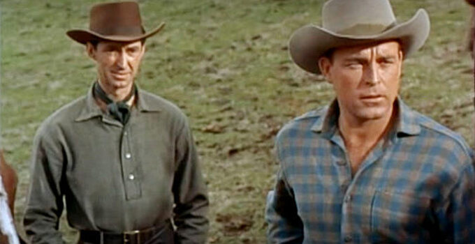 James Griffith as Pat Garrett and Scott Brady as Billy the Kid in The Law vs. Billy the Kid (1954)