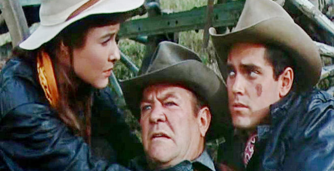 Janice Rule as Aud Niven, Paul Birch as her father Andy and Jeffrey Hunter as Bless Keough in Gun for a Coward (1956)