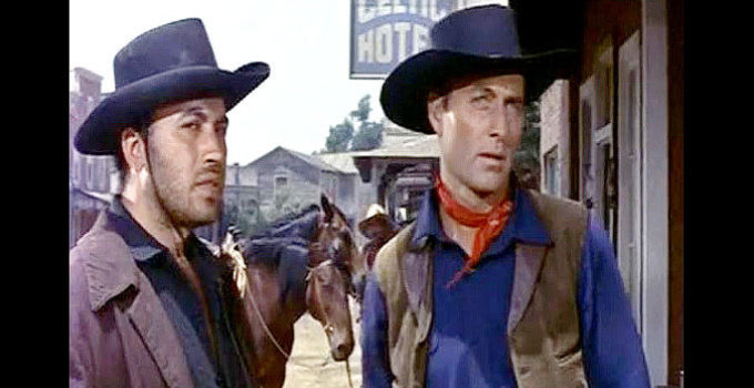 Michael Ansara as Kramer and George Montgomery as Dan Barton, wondering if they'll survive a bank robbery in Last of the Badmen (1957)