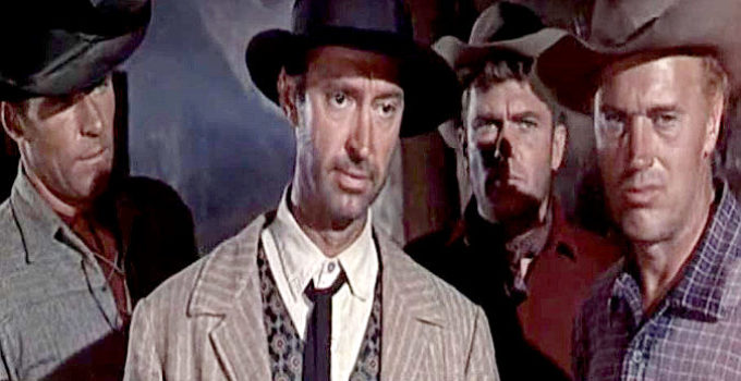 Philip Carey as Clay Hollister, James Griffith as Frank Hollister, William Leslie as Johny and Robert Wilke as Red reach the mine where $30,000 is supposedly hidden in Return from Warbow (1958)