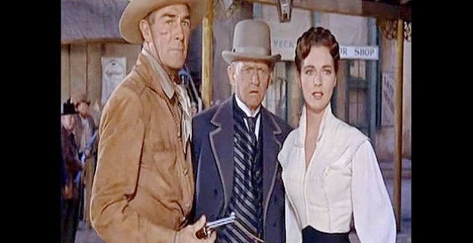 Randloph Scott as Larry Delong, Richard Garrick as Walters and Joan Weldon as Orissa Flynn in Riding Shotgun (1954)