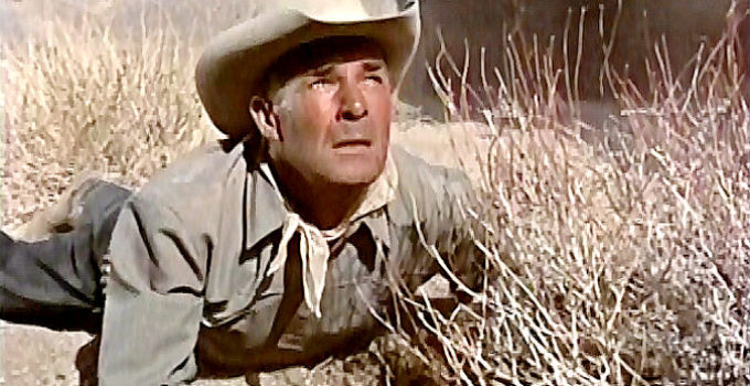 Randolph Scott as Ben Stride, a man out to get those responsible for his wife's death in Seven Men from Now (1956)