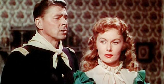 Ronald Reagan as Capt. Vance Britten and Rhonda Fleming as Julie McQuade and a tense reunion in The Last Outpost (1951)