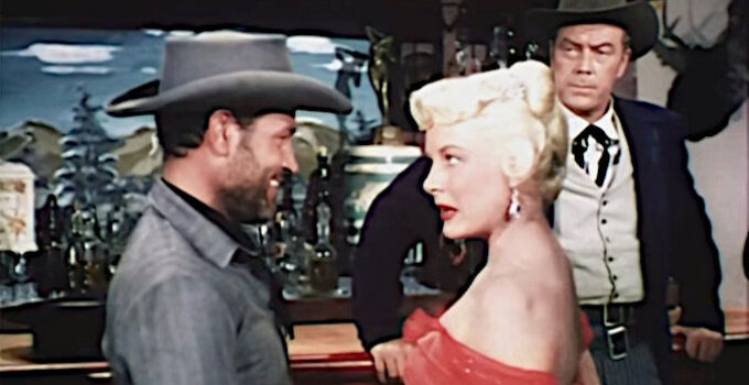 PROMO -- Tom Neal as Arch Clements, Barbara Payton as Kate and WIllard Parker as Jesse James in The Great Jesse James Raid (1953)