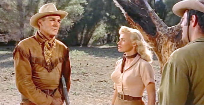 Randolph Scott as Ben Brigade, expecting Sam Boone (Pernell Roberts) to keep a promise as Mrs. Lane (Karen Steele) looks on in Ride Lonesome (1959)