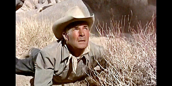 Randolph Scott as Ben Stride, out to make sure the men responsible for his wife's death pay for their crime in Seven Men from Now (1956)