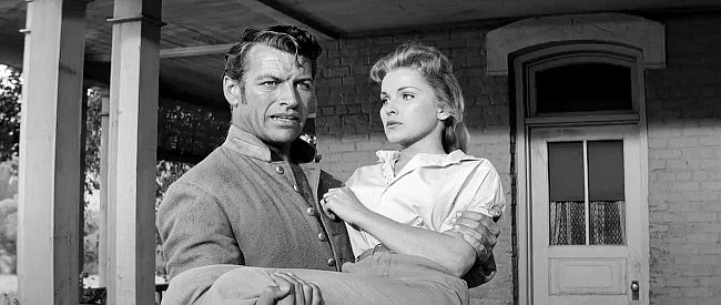 Richard Egan as Vance Reno with Cathy (Debra Paget) before learning of her marriage in Love Me Tender (1956)