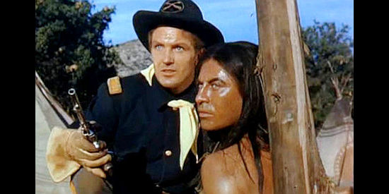 Robert Stack as Maj. Tom Burke and John Hodiak as Cochise, locked in battle side by side in Conquest of Cochise (1953)