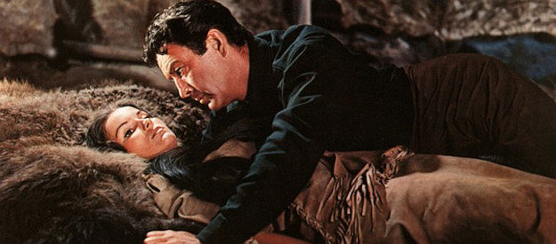Robert Taylor as Charlie Gilson, upset that the Indian girl (Debra Paget) won't respond to his advances in The Last Hunt (1956)