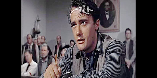 Robert Vaughn as Eddie Campbell, listening to testimony at his murder trial in Good Day for a Hanging (1959)