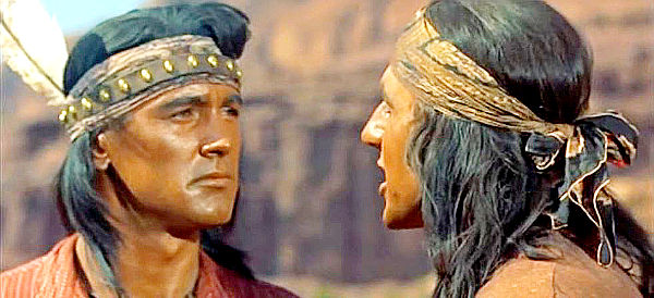 Rock Hudson as Taza (left), trying to preserve the peace his late father cared so much about in Taza, Son of Cochise (1954)