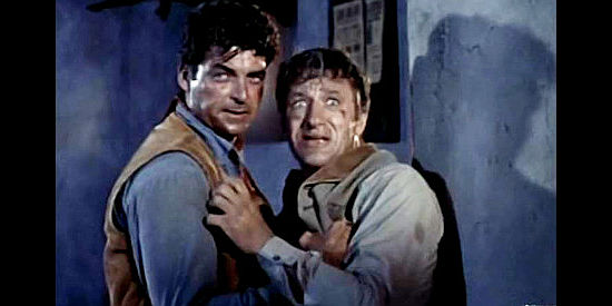 Rory Calhouhn as Hemp Brown with a terrified Jed Givens, trying to escape a mob in The Saga of Hemp Brown (1958)