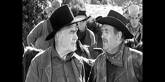 Roy Barcroft as Bart Ketchum, trying to sell a railroad man stolen cattle to feed his construction crew in The Last Stagecoach West (1957)