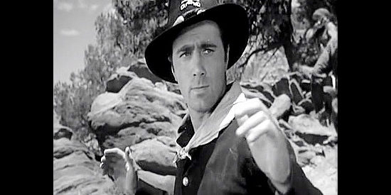Scott Forbes as Lt. Rickey, realizing he's fallen into a Confederate trap in Rocky Mountain (1950)