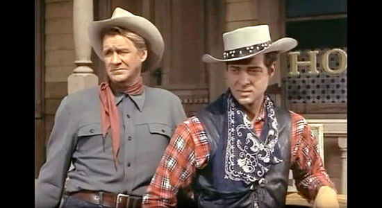Sonny Tufts as Jack Slade and Anthony Dexter as Billy, watching Col. Morgan kill a newspaper editor in a duel in The Parson and the Outlaw (1957)