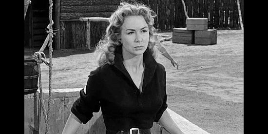 Susan Cummings as Ellen Carter, the woman the cavalry patrol rescues from the Apache, at least momentarily, in Tomahawk Trail (1957)