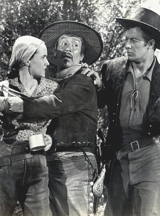 Teresa Wright as Jillie Lawrence, Alfonso Bedoya as Jose Martinez and Cornel Wilde as Don Arturo Bordega in California Conquest (1952)