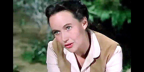 Teresa Wright as Julia Lawrence, determined to track down her father's killer, whether it's womanlike or not, in California Conquest (1952)