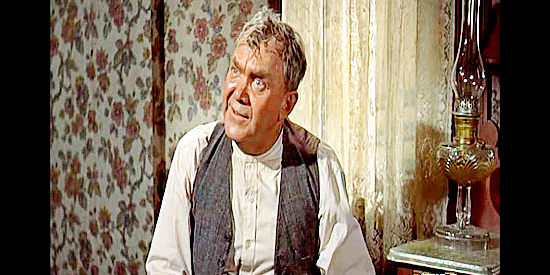 Thomas Mitchell as Rags, the reformed drunk turned sheriff who summons Tom Destry to town in Destry (1954)