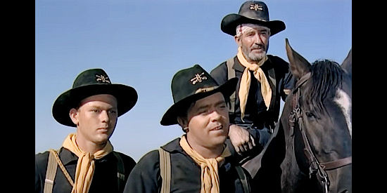 Three surviving troopers, Martin Milner as Billy Creel, Mickey Shaughnessy as Rusty Potter and Jack Woody as Cpl. Floyd in Last of the Comanches (1952)