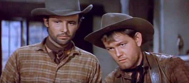 Tyler McDuff as Wes Parker and Earl Holliman as Mort Bayliss, two of the men who ambushed Trace Jordan's brother in The Burning Hills (1956)