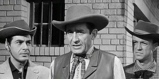 Victor Jory as cattleman Jared Tetlow, flanked by brothers Ben (Robert Rorke) and Andy (George Mather) in Blackjack Ketchum, Desperado (1956)